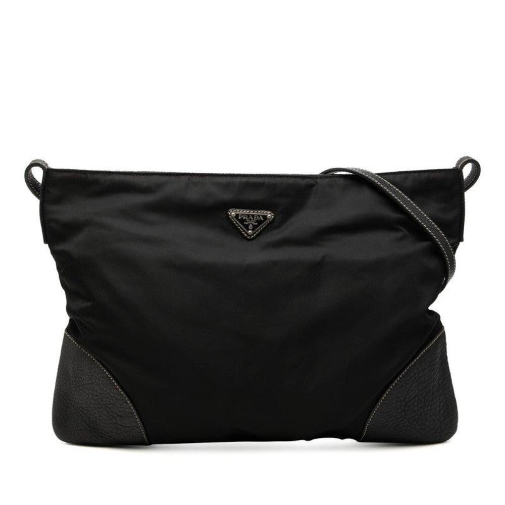 Prada Triangle Logo Plate Shoulder Bag Black